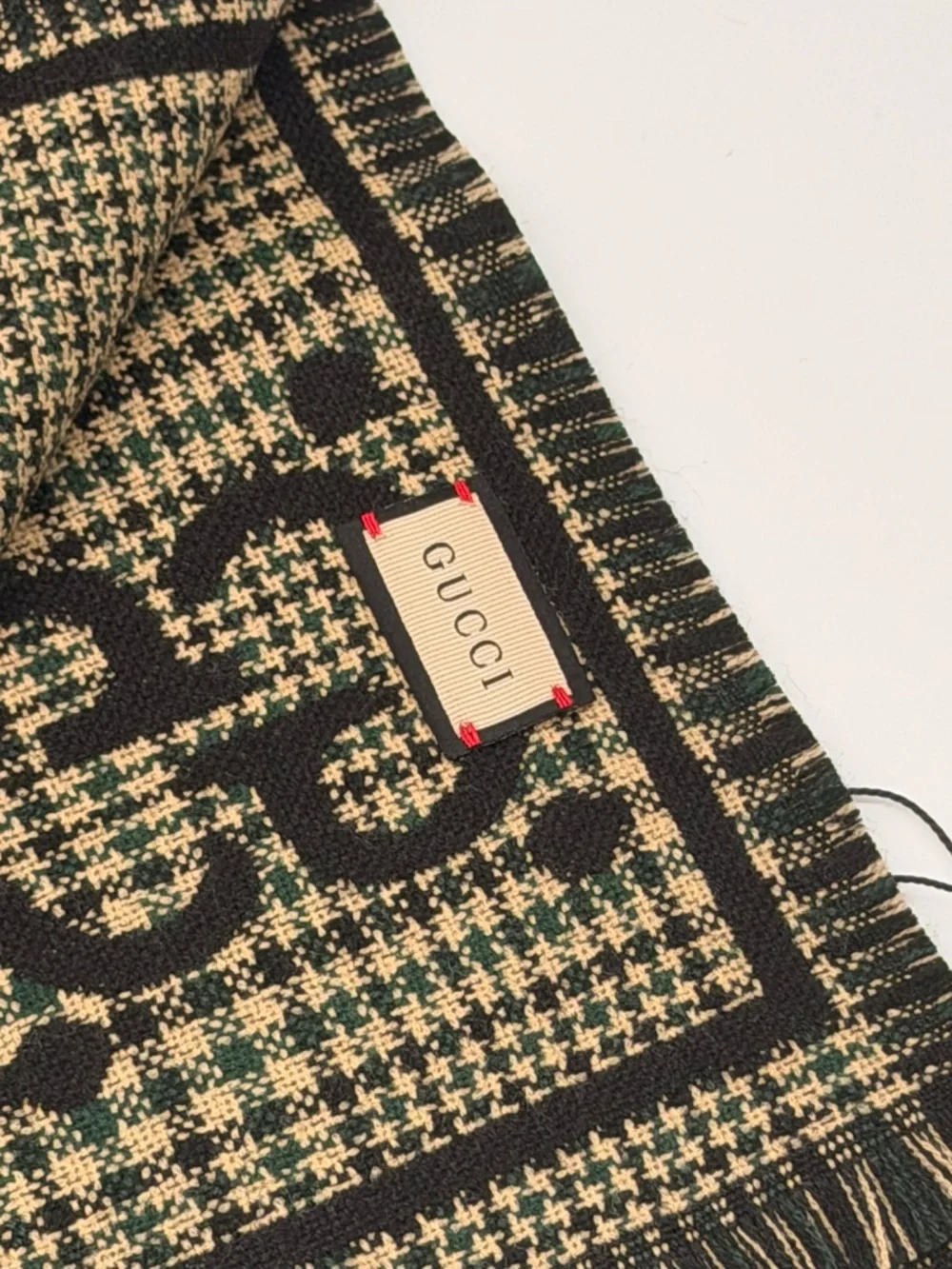 Gucci Jumbo GG Houndstooth Wool Scarf Green NWT